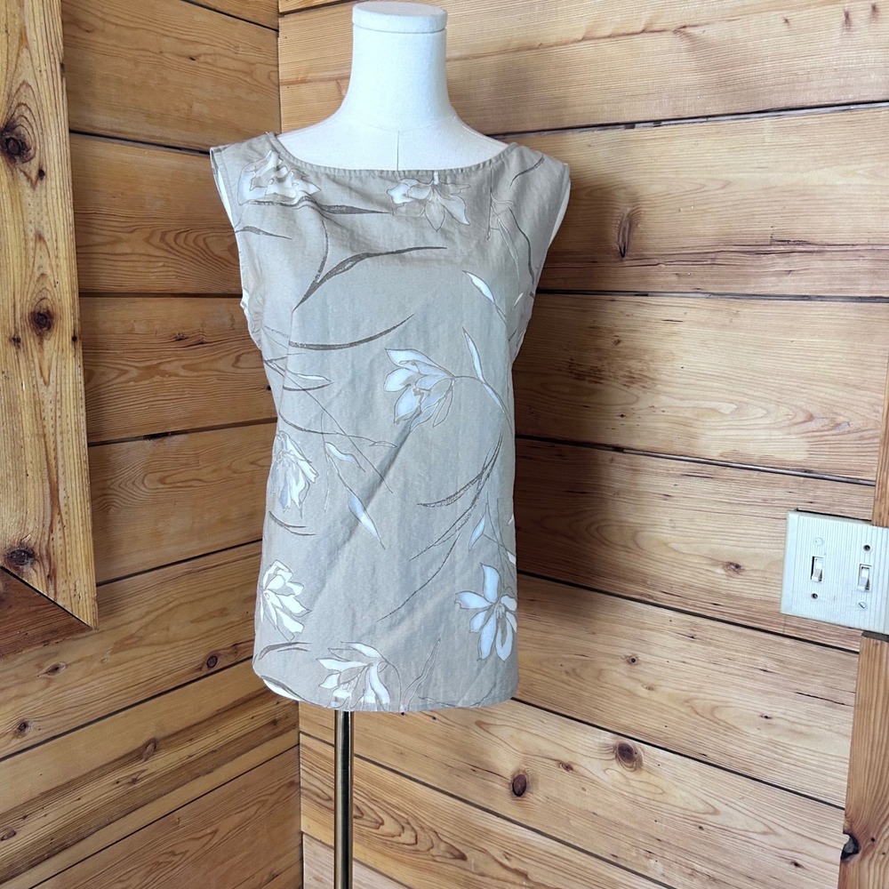 Vintage Blouse Women Size 8 Taupe Floral Lily Sleeveless Boat Neck Rena Rowan